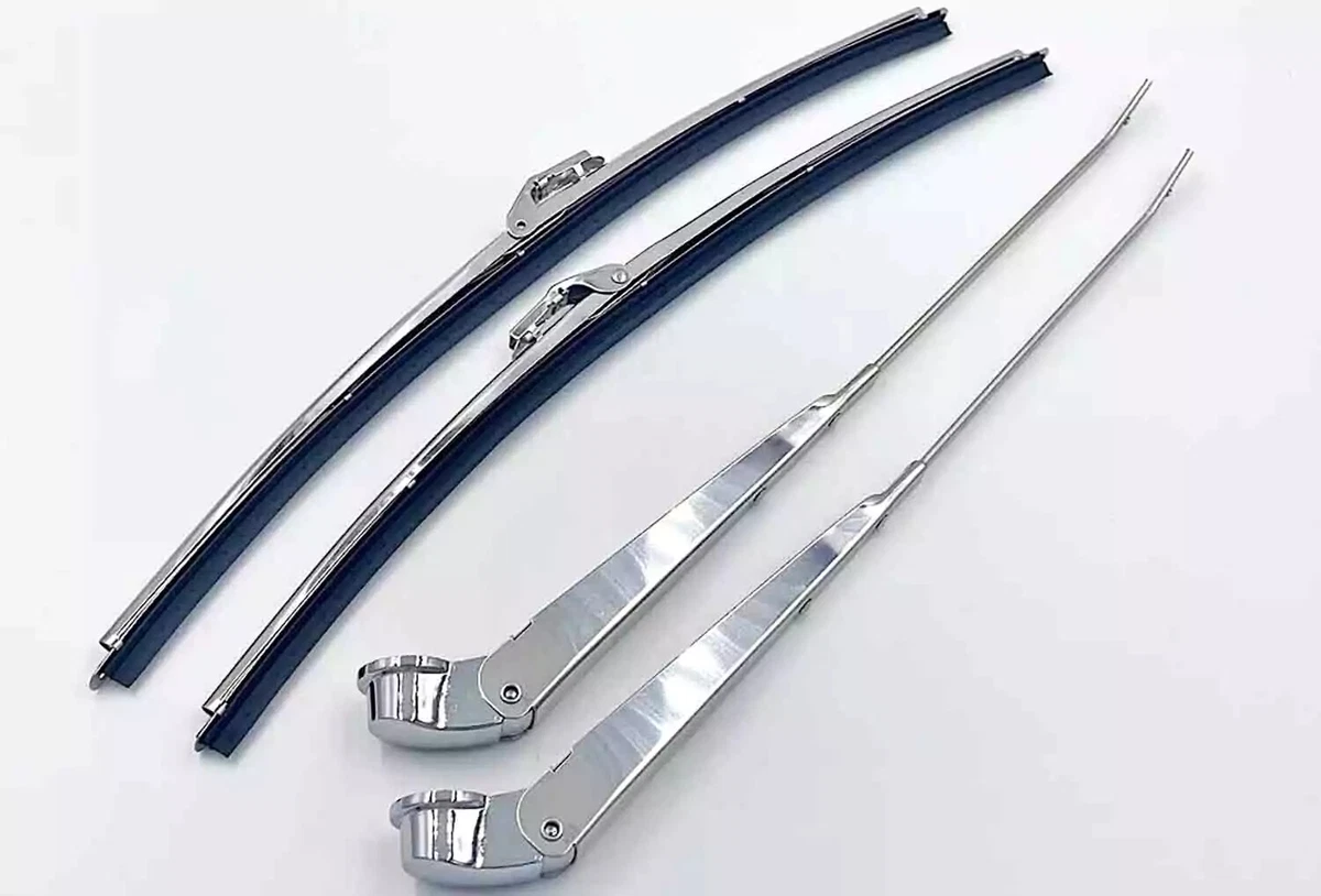A set of stainless steel windshield wiper arms and blades for 1964-1972 General Motors vehicles, displayed on a light gray background.