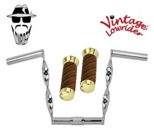 Vtg Lowrider 9" Chrome Flat Twisted Handlebar 25.4mm & Velour Swirl Brown Grips.