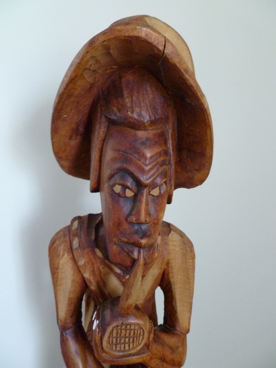 Vintage Large Tribal African Sculpture Man with Pipe Hand Carved