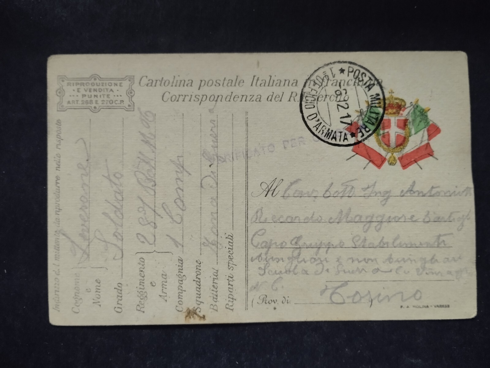 Timbro Posta Militare WW1 1° Ufficio d'Armata 6-12-1917 WY666