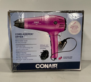 Conair Ionic Hair Dryer Cord Keeper Turbo Blow 2 Speed with Diffuser 1875W Pink