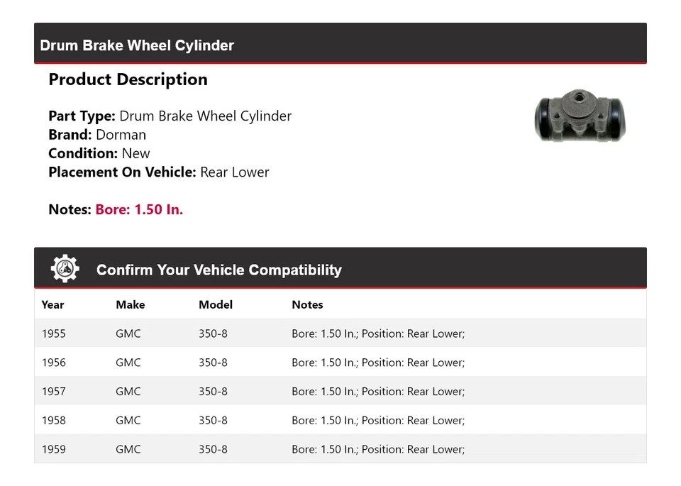 Cilindro de rueda de freno de tambor trasero inferior 1956 1957 para GMC 350-8 1955-1959 Dorman Foto 2 de 3