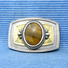 Western Floral Scroll Belt Buckle Cowboy Cowgirl Tigers Eye Mount Vtg 80s.TYC164