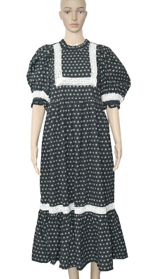 Joanie Ceri Ditsy Floral Print Puff Sleeve Prairie Maxi Dress Smocked Black  M | eBay
