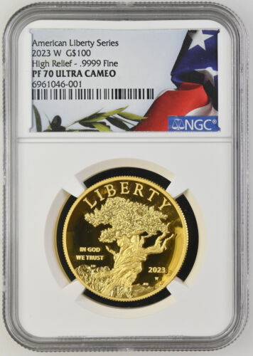 2023 1 Oz GOLD $100 American Liberty High Relief Proof Coin NGC PF70 Flag Label!