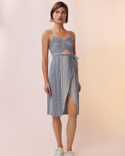 Express Damen gestreift ausgeschnitten Leinen-Mischung Midi Kleid Größe 18 neu mit Etikett blau weiß - Bild 1 von 8