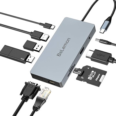 BsLemon USB C HUB, 10 in 1 USB C Adapter mit 4K-HDMI, VGA, USB 3.0 Anschluss, Typ C