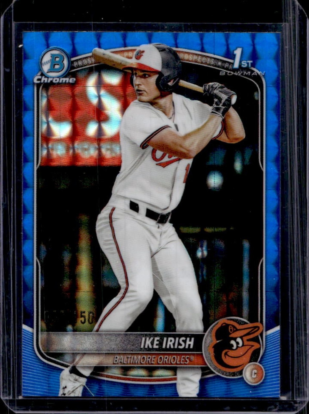 2025 Bowman Draft Ike Irish Chrome Blue Geometric Refractor 1st #/150 Orioles