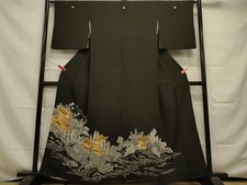 Heiwaya Kimono Luxurious black tomesode piece embroidery forest scenery gold