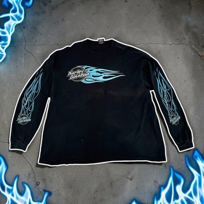 Harley Davidson Blue Flame Long Sleeve T Shirt XXL Black San Diego USA Made