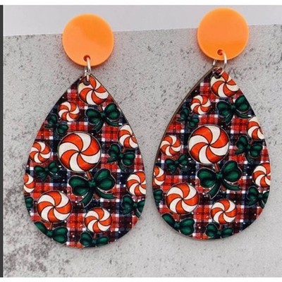 Wooden Water Drop Earrings Candy Cane & Ribbons New