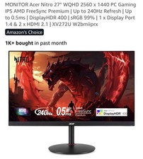 Acer UM.HX2AA.201, 27" WQHD Nitro XV272U 240hz Gaming Monitor - Black Excellent