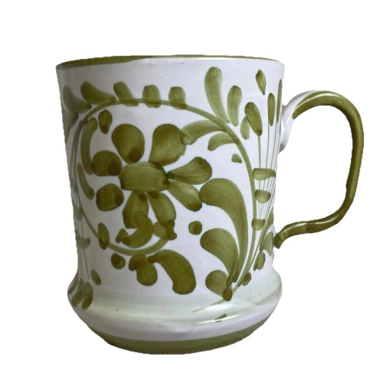 Italian Hand Painted Art Pottery Mug Green Flowers White Tea Coffee Cup Italy
