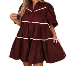 Piper Scoot When You Have It All Tiered Dress Large Burgundy Red Button Western 