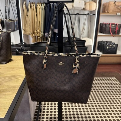 Coach City Tote Bag In Signature Canvas With Leopard Print CCD01  Walnut/Leopard