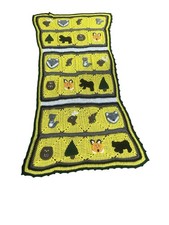 Vintage Crochet Baby Blanket Afghan Throw Yellow Blocks Squares Animals Handmade