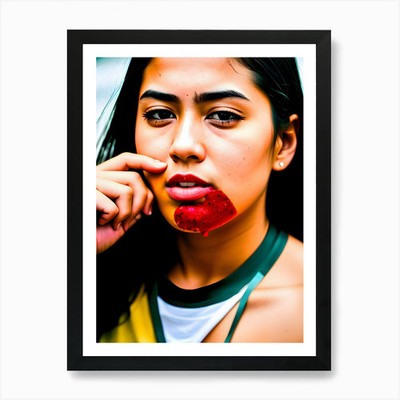 Asiatisches Mädchen mit rotem Lippenstift ~ Escap gerahmtes Wandbild Poster Leinwanddruck Bild