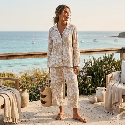 Match Point Linen Pants Button Top L Floral Resort Coastal Lagenlook 2 Piece Set
