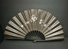 Vintage Antique Black/Brown Fabric Hand Fan w/Hand-Painted Flowers, 23  