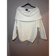 Ivory White Chunky Knit Cowl Neck Off The Shoulder Sweater Womens Size M/L