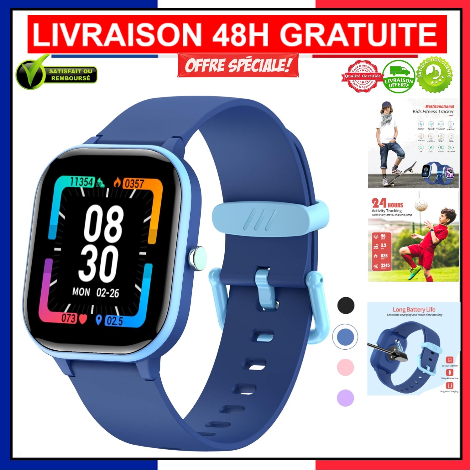 Montre connectée étanche enfants pour le sport et l'école bleue