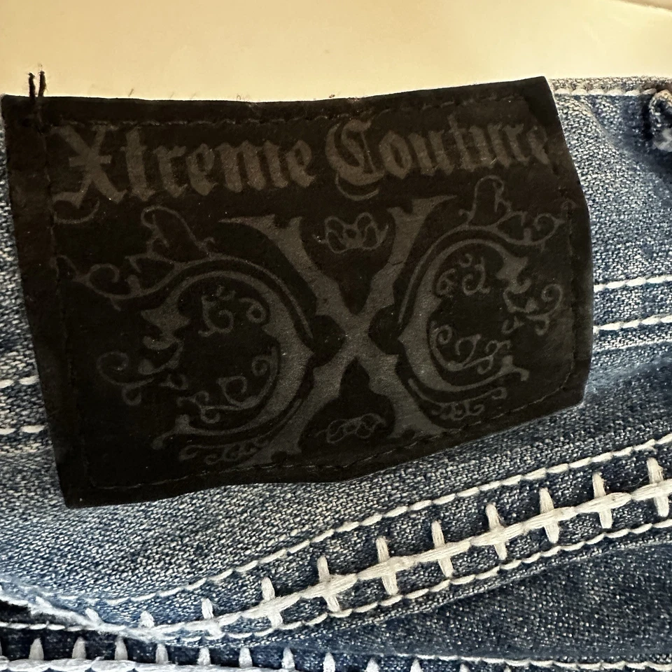 Pantalones de mezclilla Xtreme Couture para hombre 36x32 azul pierna recta solapa bolsillo Y2K  Foto 3 de 4