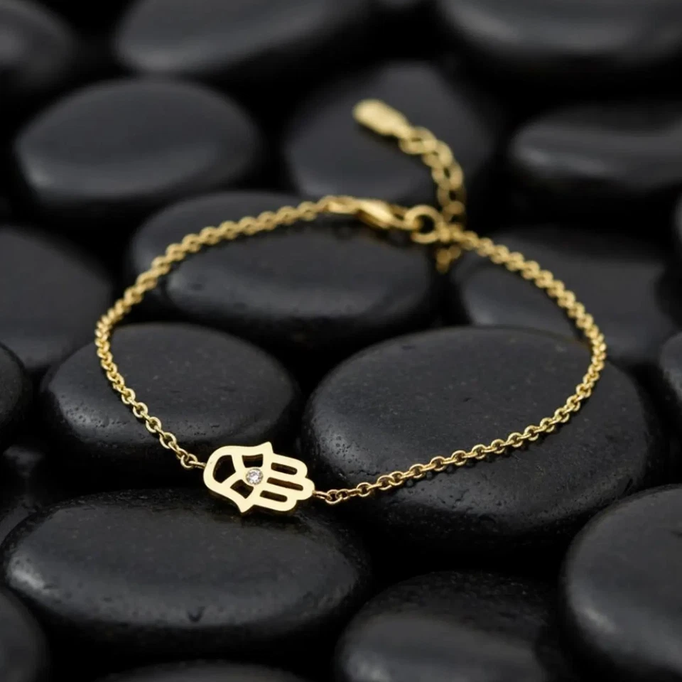 Brazalete de diamantes Hamsa en oro amarillo macizo de 14 k mano de Fátima joyería judía Foto 2 de 4