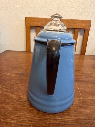 Vintage Blue Enamelware Coffee Pot Glass Finial Lid Farmhouse Primitive Camp Cof - Picture 5 of 8