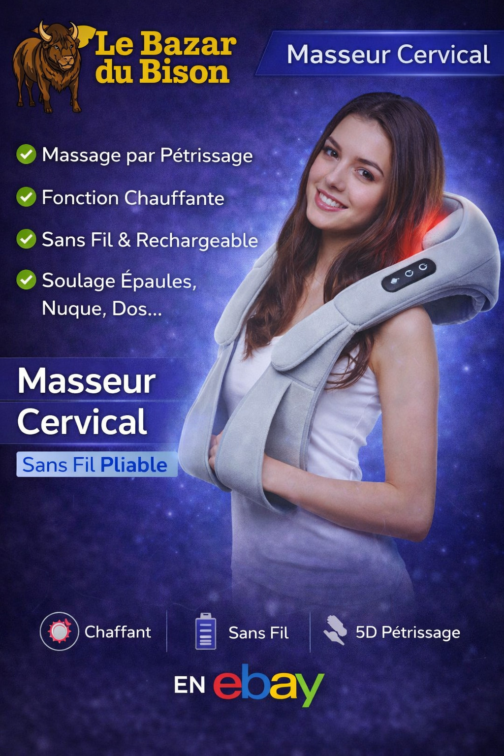 Masseur cervical électrique chauffant à pétrissage 5D sans fil pour soulager le cou