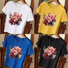 Women Floral T-Shirt Retro Boho Graphic Tee Flower Print Casual Crew Neck Top US