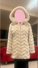 Ivory Faux Fur Chevron Hooded Mid-Length Parka Coat for Women