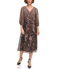 Dkny Petites Chiffon Printed Surplice Balloon-Sleeve Dress - Brown Multi