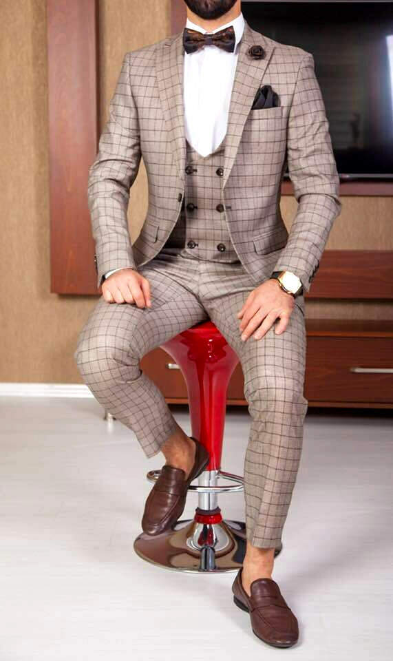 Designer Business Brown Beige Checkered Men's Suit Jacket Vest Fitted