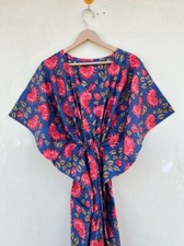 Indian Blue Floral Sleepwear Cotton Kaftan Dressing Maxi Gown Dress Kaftan US