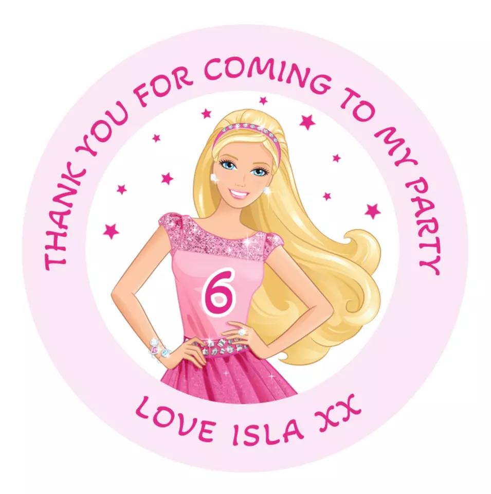 48 Personalised Barbie Party Bag Stickers - KIDS PARTY - THANK YOU STICKERS