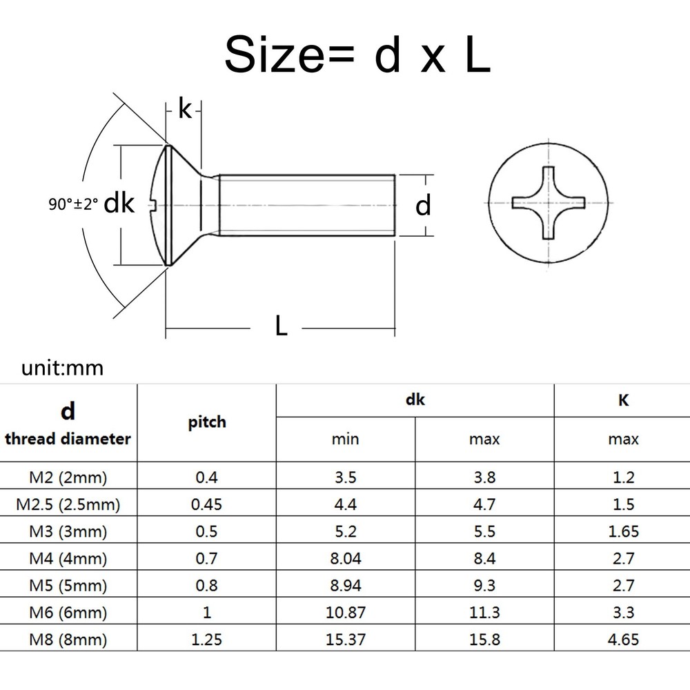 M2-M6 304 Stainless Steel Cross Phillips Half Raised Countersunk Head Screw Bolt