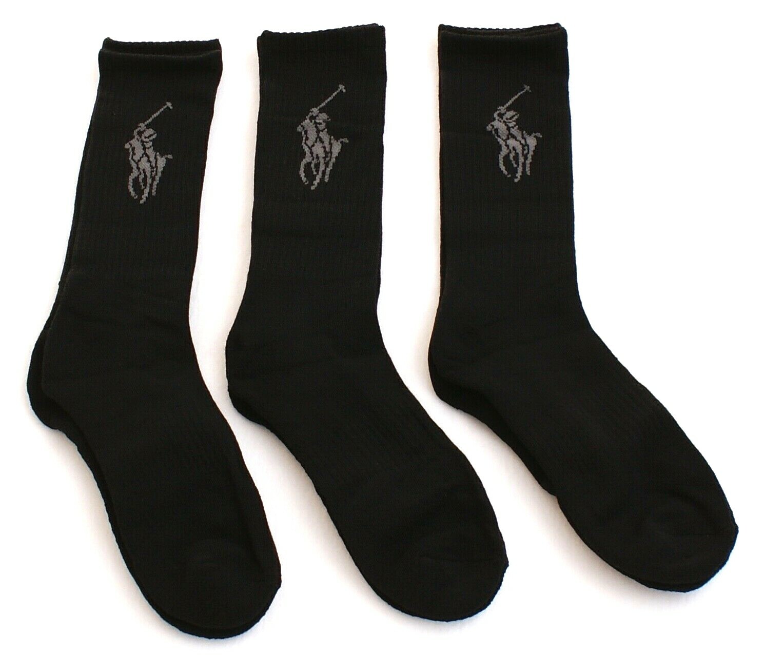 PONY Polo Ralph Lauren Black Crew Socks 3 in Package Men's 6 12.5 NWT