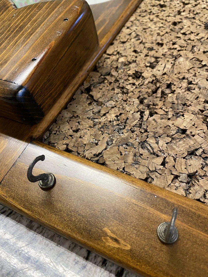 Antique Wood Display Board w/ Cork Board Mirror Hooks Storage Mail Bin - Image 4 of 4