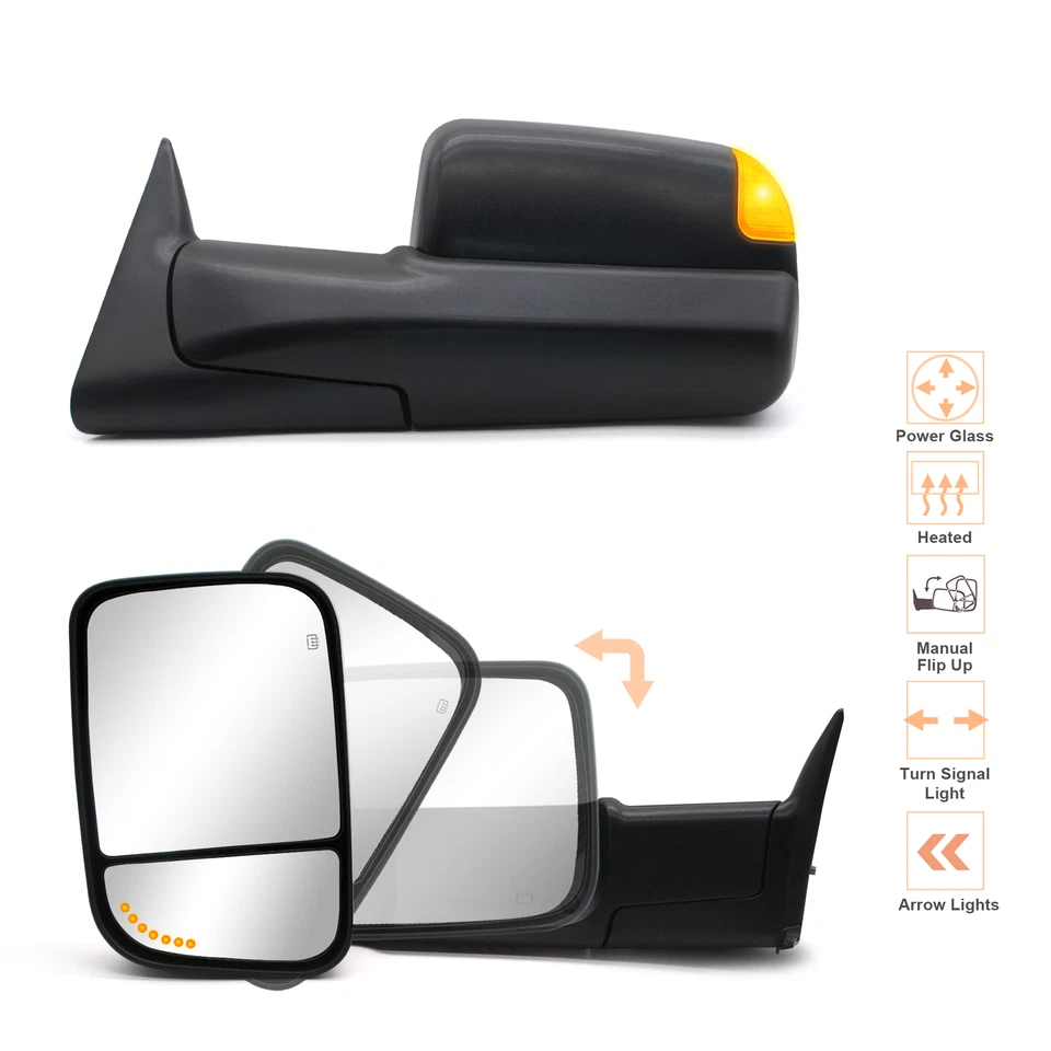 Par de espejos retrovisores laterales de remolque señal de flecha eléctrica para Dodge Ram 1500 2500 1999-2001 negro Foto 2 de 4