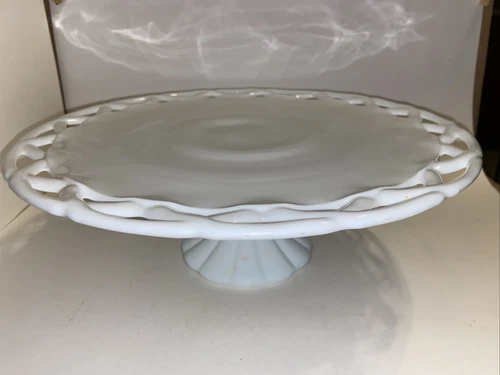 Large Vintage Milk Glass Cake Stand / 13- 3/4” Open Lace Colony Lace Cake Stand