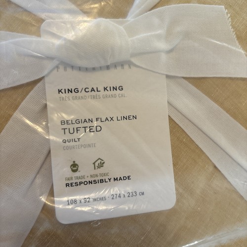 NEW Pottery Barn Belgian Flax Linen Tufted KING~CAL KING Quilt~ Daffodil Yellow - Picture 2 of 3