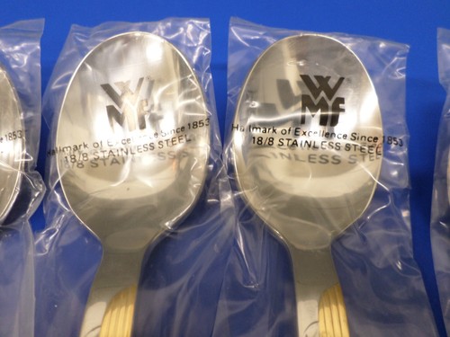 6 WMF Cromargan STRATOS GOLD Accent Glossy Stainless Japan Flatware SOUP SPOONS - Picture 3 of 7