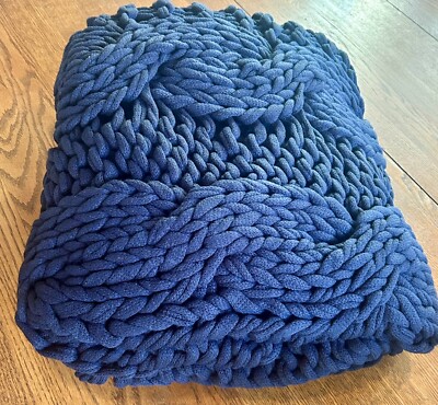 Pottery Barn Colossal Handknit Chunky Knit Throw Blanket Navy Blue  44”x56” NEW