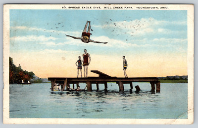 c1910s Spread Eagle Dive Mill Creek Park Youngstown Ohio Belly Vintage Postcard
