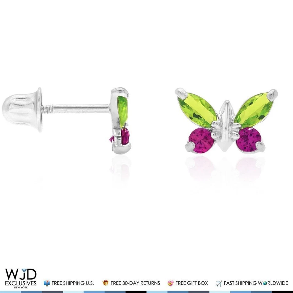 14K White Gold Peridot & Ruby Butterfly Baby Screw Back Stud Kid Earrings - Image 2 of 4