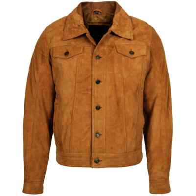 Mens Real Suede Leather Brown Trucker Denim Style Biker Jacket Jeans Button Coat