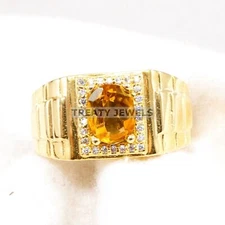 Citrine Oval Cut With 925 Sterling Silver Gold Plated Ring For Men's #A986 *