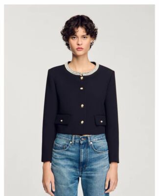 NEW Sandro Diamond moulding Pearl button jacket black Crew neck top Coats