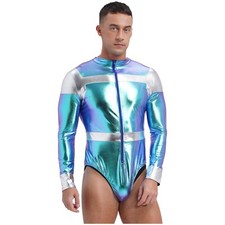 Mens Jumpsuit Mock Neck Leotard Adult Bodysuit Bodycon Cosplay Metallic Space