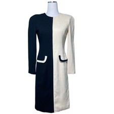 Carolina Herrera CH 1980’s Vintage Navy & White Wool Crepe Colorblock Dress S